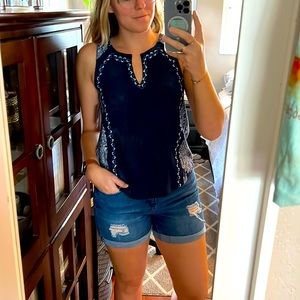 Lucky Brand Blue Paisley Embroidered Tank Medium